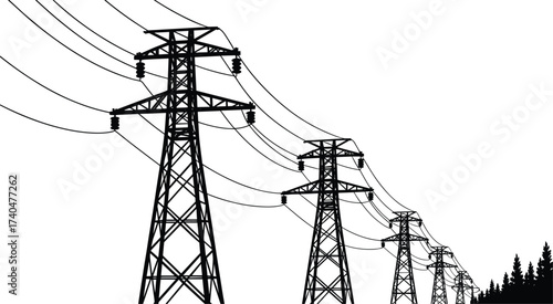 Black and white illustration of electricity pylons with power lines in forest landscape, high voltage transmission towers, energy infrastructure background