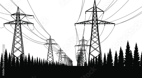 Black and white illustration of electricity pylons with power lines in forest landscape, high voltage transmission towers, energy infrastructure design