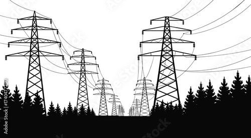 Black and white illustration of electricity pylons with power lines in forest landscape, high voltage transmission towers, energy infrastructure design