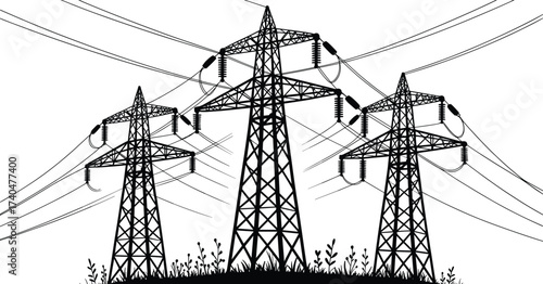 Black and white illustration of three high voltage electricity transmission towers with power lines, pylons, energy grid infrastructure, industrial design
