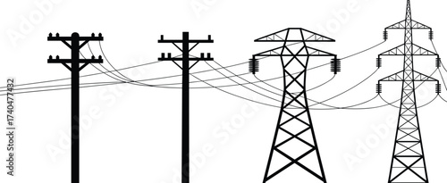 Black and white illustration of utility poles, electricity pylons, transmission towers, power lines, energy grid, industrial electrical infrastructure drawing