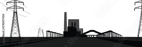 Black and white industrial illustration of power plant with smoke chimney, electricity transmission towers, high voltage pylons, energy grid infrastructure