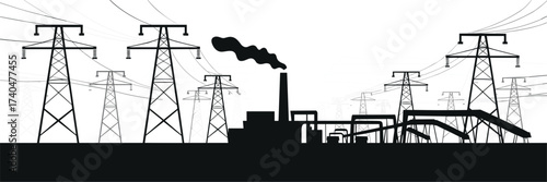 Black and white industrial illustration of power plant with smoke chimney, electricity transmission towers, high voltage pylons, energy grid infrastructure