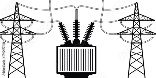 Black and white line art illustration of electrical transformer with high voltage power lines, pylons, electricity grid, energy distribution system