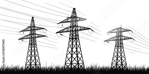 Black and white silhouette illustration of three electricity pylons with high voltage power lines, energy transmission towers, electricity grid design