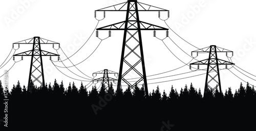 Black and white silhouette of electricity pylons with power lines crossing forest landscape, high voltage transmission towers, energy infrastructure illustration