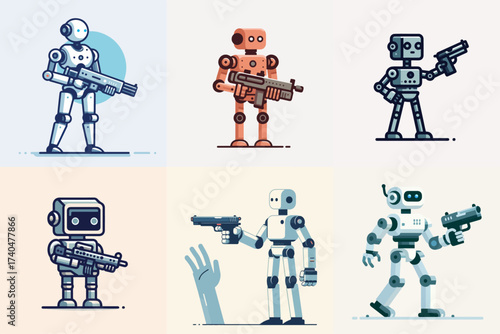 vector illustration set of sniper robots on white background