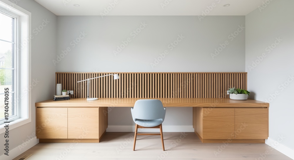 Fototapeta premium Modern home office interior with light wood desk, blue chair, and slatted wall panel