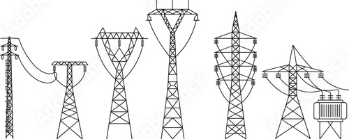 High voltage electricity pylons illustration, power transmission towers design, electrical energy grid infrastructure, industrial utility network, electricity distribution system drawing
