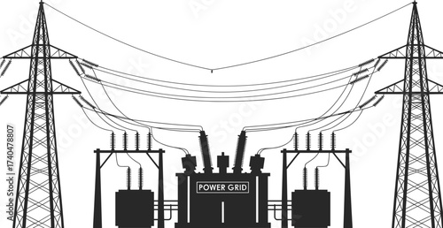 Power grid substation illustration, high voltage electricity towers, energy distribution system design, electrical infrastructure network, industrial utility engineering concept drawing