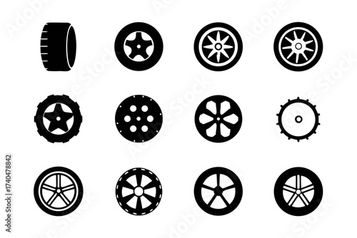 Collection of various car wheels in black color