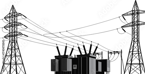 Power grid substation illustration, high voltage electricity towers, energy distribution system design, electrical infrastructure network, industrial utility engineering concept drawing