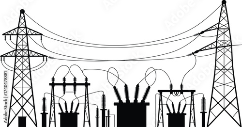 Power grid substation illustration, high voltage electricity towers, energy distribution system design, electrical infrastructure network, industrial utility engineering concept drawing