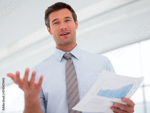 Business Presentation: A confident executive delivers a compelling presentation, showcasing analytical data and charts in a bright office setting, demonstrating leadership and communication skills.
