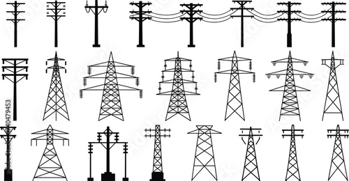 Set of electricity poles and power transmission towers, utility line structures illustration, high voltage grid design, electrical infrastructure engineering drawing
