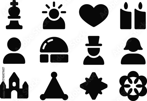 Set of twelve black and white holiday icons, minimalist silhouettes, Christmas, love, candles, church, winter symbols, festive decoration, vector