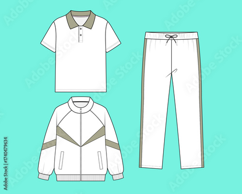 Active Lifestyle Track Suit Set: Colorblock Bomber, Polo, and Side Stripe Pants Flat