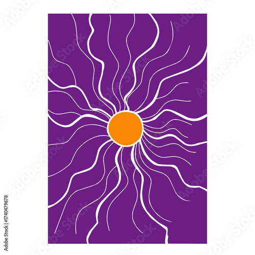 Abstract retro design with a bold orange circle at the center, surrounded by flowing white wavy lines radiating outward against a deep purple background for a vibrant effect