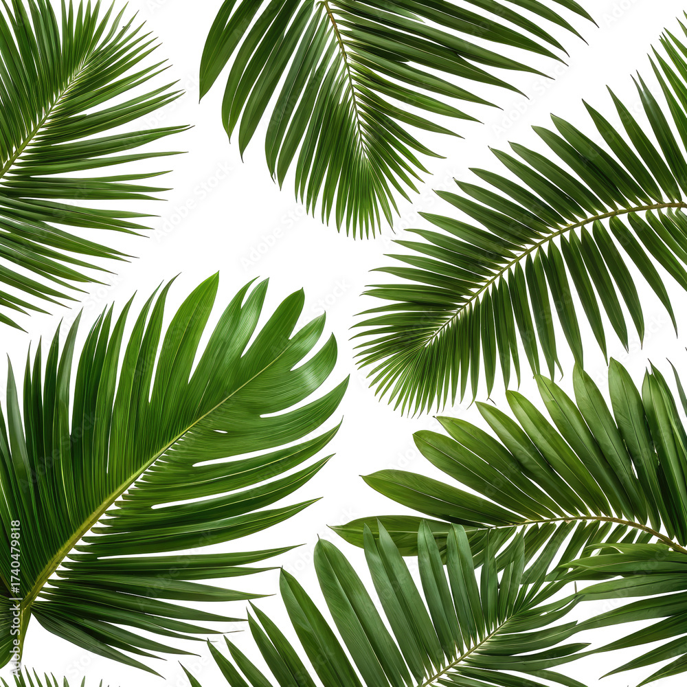 Fototapeta premium Lush green palm fronds scattered on black, tropical backdrop