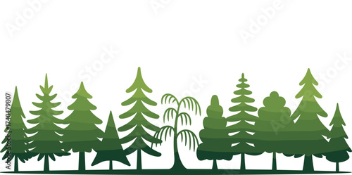Stylized evergreen forest illustration, green pine trees, woodland landscape, nature silhouette, coniferous design, outdoor scenery, environmental artwork, seasonal decorative vector