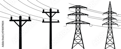 Silhouette of power transmission towers, electricity poles, energy infrastructure, high voltage lines, black and white illustration, utility, industrial background, technology