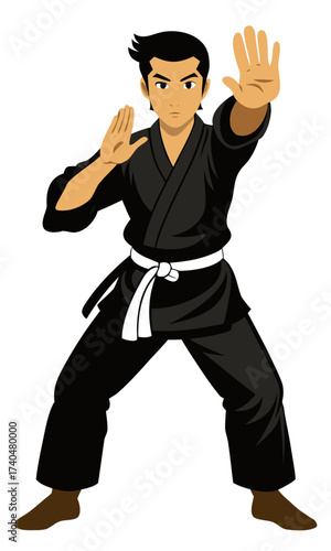 Martial artist in black gi with palm-out stop gesture silhouette vector black on white background