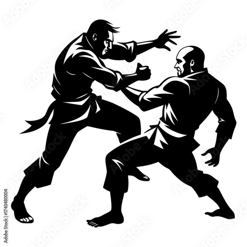 Two martial artists grappling in black silhouette gis with intensity vector on white background
