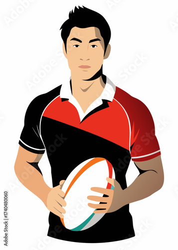 Young Asian rugby player posing with ball for professional portrait silhouette vector black on white background