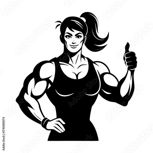 Muscular woman rugby athlete giving thumbs up silhouette vector black on white background