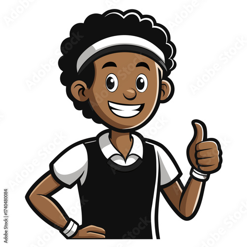 Happy African American tennis player showing thumbs-up on plain background silhouette vector