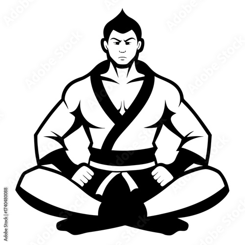 Male martial fighter in blue gi sitting calmly in ready posture silhouette vector black on white background