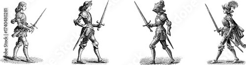 Woman knight standing with a sword, simple line art, linocut print, black ink only, in the style of a medieval woodcut