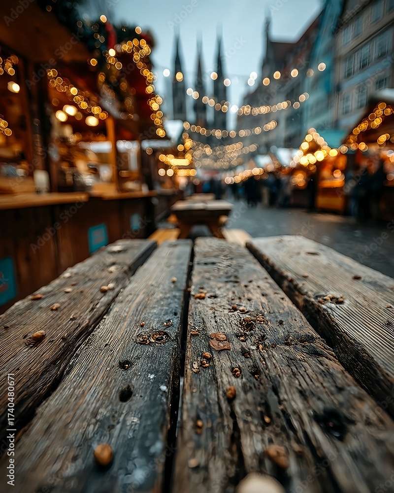 Fototapeta premium Wooden table top with defocused Christmas market and warm bokeh lights