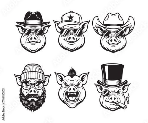Humorous and unique pig heads wearing different hats, sunglasses, and accessories, featuring various quirky and cool personas.