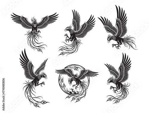 Dynamic black and white depictions of the mythical Phoenix bird in various powerful flight poses, symbolizing rebirth and fire.