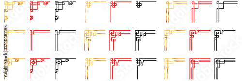 Set Asian style decorative corner frames in gold, red, and black. Vector design with geometric, traditional patterns. Perfect for invitations, borders, or ornamental art in Asian themes.