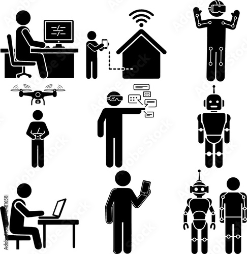 Future Technology, Automation, and Artificial Intelligence Stick Figure Icon Set