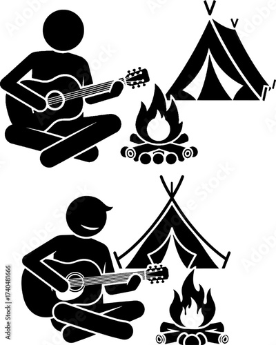 Camping Fun, Guitar Playing, and Campfire Outdoor Stick Figure Icon