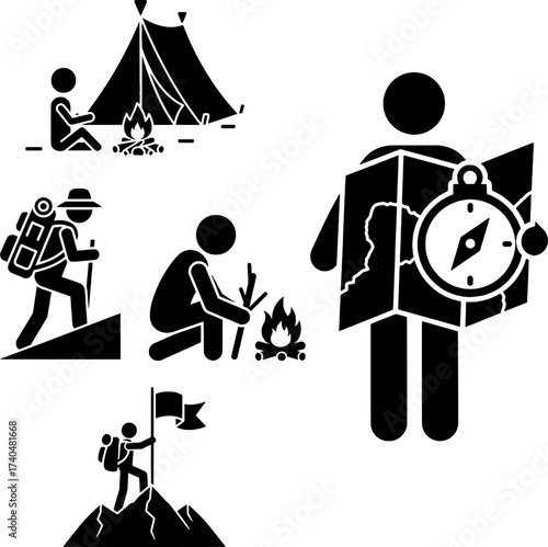 Outdoor Adventure, Camping, Hiking, and Exploration Icon Set