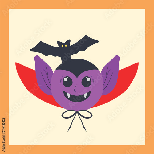 A purple little vampire with a red cape and tiny bats above its head.