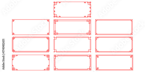 Set of traditional Asian rectangle frames in red. Vector line art with classic ornamental designs. Perfect for borders, invitations, decorations, or cultural graphic elements.