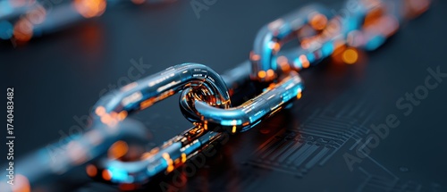 A digital chain with glowing blue and orange segments represents blockchain technology and secure digital connections