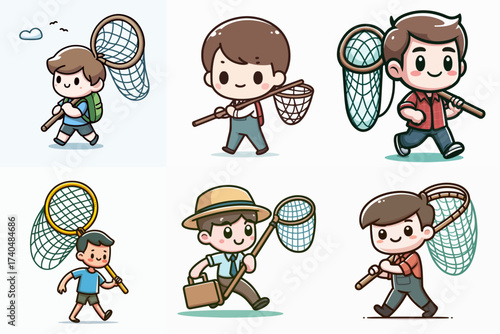 vector illustration set of cartoon people carrying nets