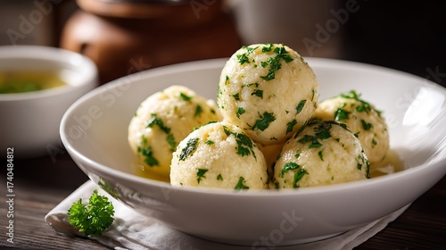 Austrian knödel isolated on a white bowl, potato and bread dumplings with parsley