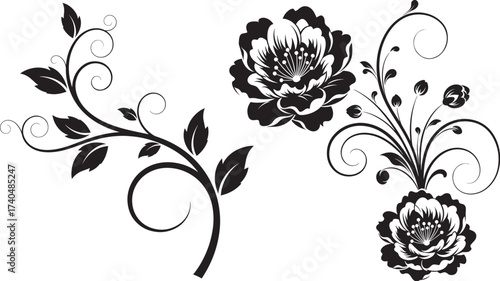 Vector art of elegant floral design featuring blooming flowers and swirling vines with leaves