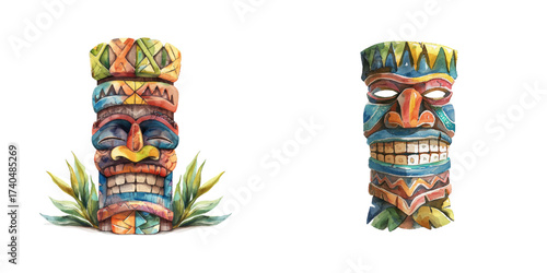 tiki mask watercolor vector illustration