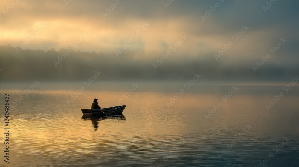 Fototapeta premium A lone person sits in a small boat on a calm lake, surrounded by mist and soft golden light at sunrise or sunset