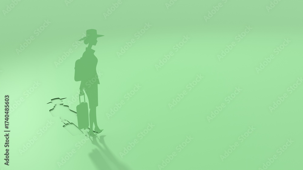 Fototapeta premium Woman silhouette. Young female traveler walking with baggage goes on vacation. Concept of an urban transportation and travel or lifestyle blogs. Paper cut style. 3D render.