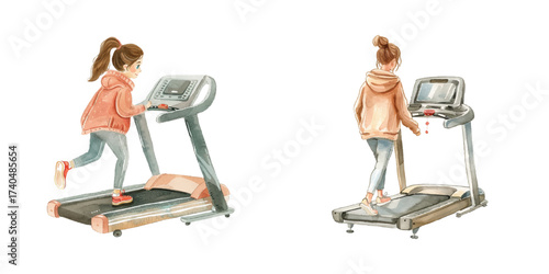 woman using treadmill watercolor vector illustration