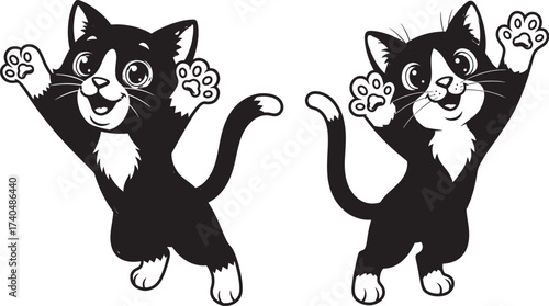 Vector art of two cheerful black and white cartoon cats waving their paws, perfect for kids coloring book